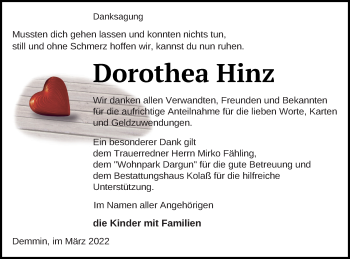 Traueranzeige von Dorothea Hinz von Demminer Zeitung