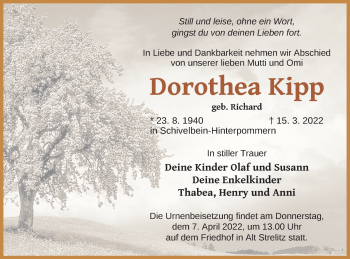 Traueranzeige von Dorothea Kipp von Strelitzer Zeitung