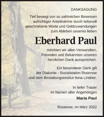 Traueranzeige von Eberhard Paul von Neubrandenburger Zeitung