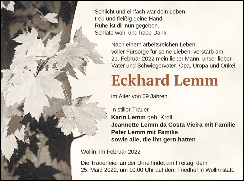  Traueranzeige für Eckhard Lemm vom 18.03.2022 aus Prenzlauer Zeitung