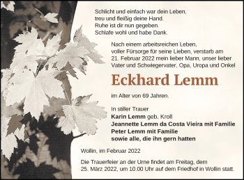 Traueranzeige von Eckhard Lemm von Prenzlauer Zeitung