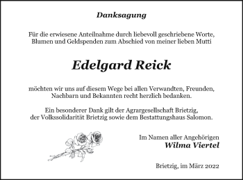 Traueranzeige von Edelgard Reick von Pasewalker Zeitung