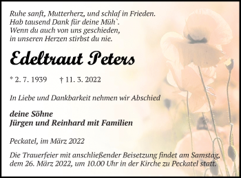 Traueranzeige von Edeltraut Peters von Strelitzer Zeitung