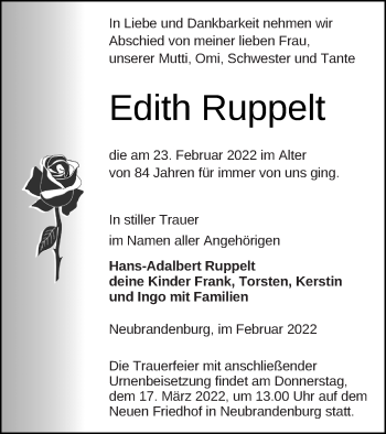 Traueranzeige von Edith Ruppelt von Neubrandenburger Zeitung