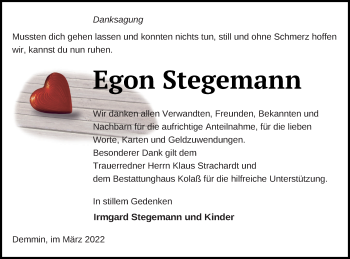 Traueranzeige von Egon Stegemann von Demminer Zeitung