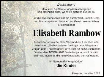 Traueranzeige von Elisabeth Rambow von Pasewalker Zeitung