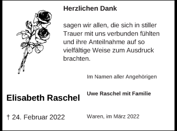 Traueranzeige von Elisabeth Raschel von Müritz-Zeitung