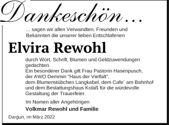 Traueranzeige von Elvira Rewohl von Mecklenburger Schweiz