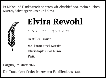 Traueranzeige von Elvira Rewohl von Mecklenburger Schweiz