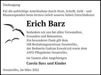 Traueranzeige von Erich Barz von Strelitzer Zeitung
