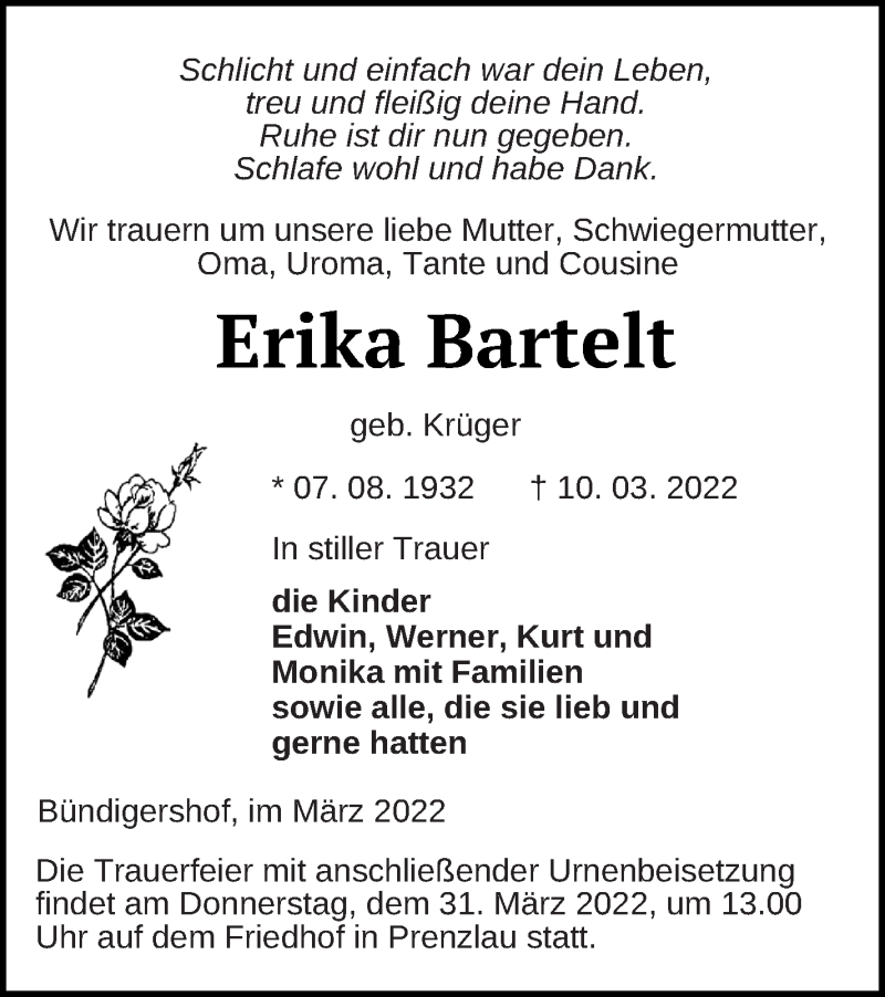  Traueranzeige für Erika Bartelt vom 18.03.2022 aus Prenzlauer Zeitung