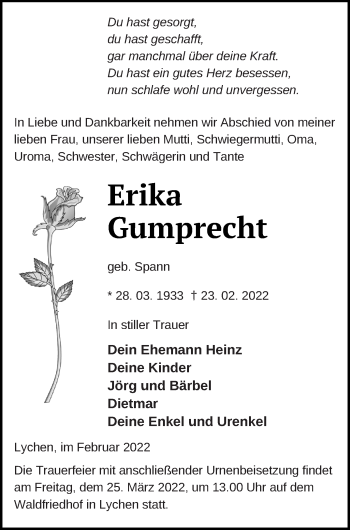 Traueranzeige von Erika Gumprecht von Templiner Zeitung