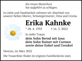 Traueranzeige von Erika Kahnke von Mecklenburger Schweiz