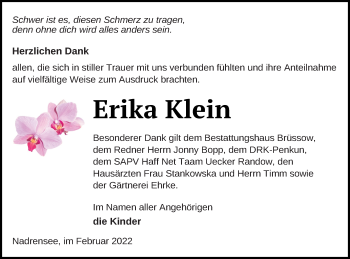 Traueranzeige von Erika Klein von Pasewalker Zeitung