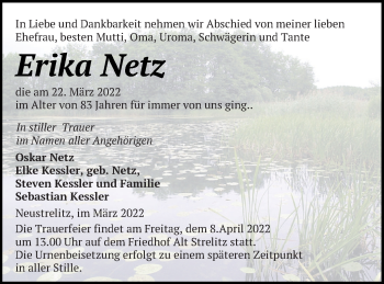 Traueranzeige von Erika Netz von Strelitzer Zeitung