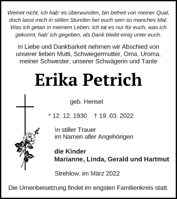 Traueranzeige von Erika Petrich von Prenzlauer Zeitung