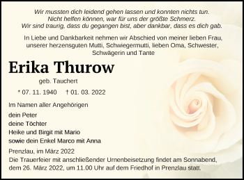 Traueranzeige von Erika Thurow von Prenzlauer Zeitung