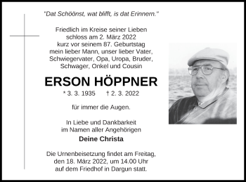 Traueranzeige von Erson Höppner von Mecklenburger Schweiz