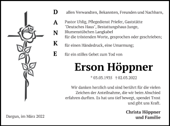 Traueranzeige von Erson Höppner von Mecklenburger Schweiz