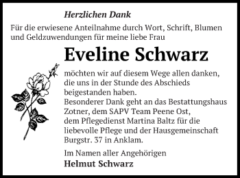 Traueranzeige von Eveline Schwarz von Vorpommern Kurier