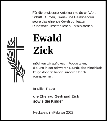 Traueranzeige von Ewald Zick von Mecklenburger Schweiz