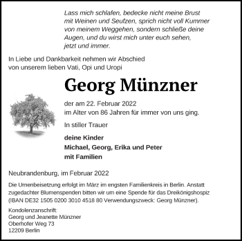 Traueranzeige von Georg Münzner von Neubrandenburger Zeitung