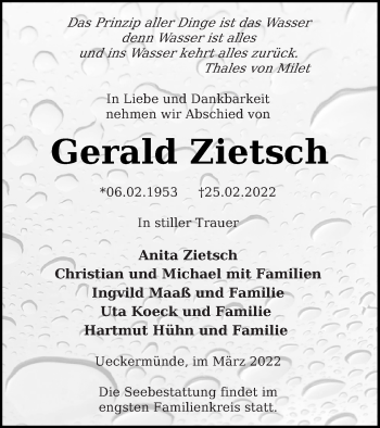 Traueranzeige von Gerald Zietsch von Haff-Zeitung