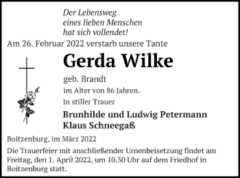 Traueranzeige von Gerda Wilke von Templiner Zeitung