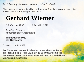 Traueranzeige von Gerhard Wiemer von Vorpommern Kurier