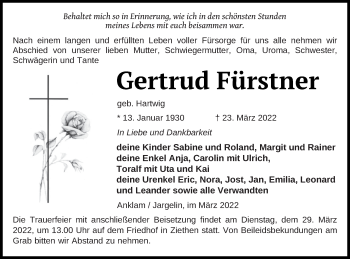 Traueranzeige von Gertrud Fürstner von Vorpommern Kurier