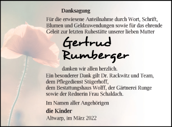 Traueranzeige von Gertrud Rumberger von Haff-Zeitung