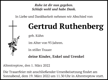 Traueranzeige von Gertrud Ruthenberg von Neubrandenburger Zeitung