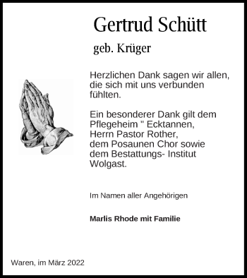 Traueranzeige von Gertrud Schütt von Müritz-Zeitung