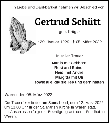 Traueranzeige von Gertrud Schütt von Müritz-Zeitung