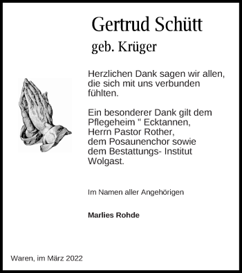 Traueranzeige von Gertrud Schütt von Müritz-Zeitung