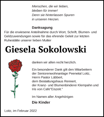 Traueranzeige von Giesela Sokolowski von Vorpommern Kurier