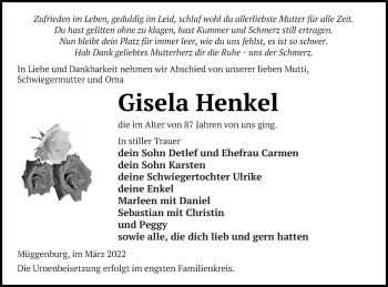 Traueranzeige von Gisela Henkel von Haff-Zeitung