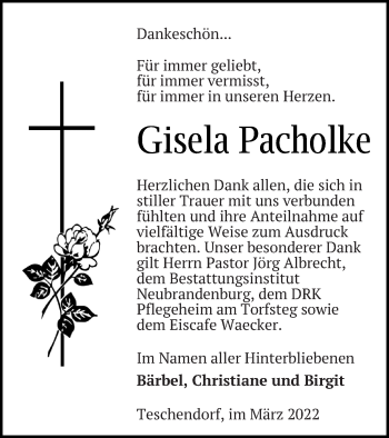 Traueranzeige von Gisela Pacholke von Neubrandenburger Zeitung