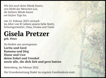 Traueranzeige von Gisela Pretzer von Haff-Zeitung