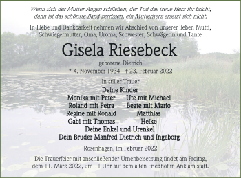 Traueranzeige von Gisela Riesebeck von Vorpommern Kurier