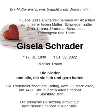 Traueranzeige von Gisela Schrader von Pasewalker Zeitung