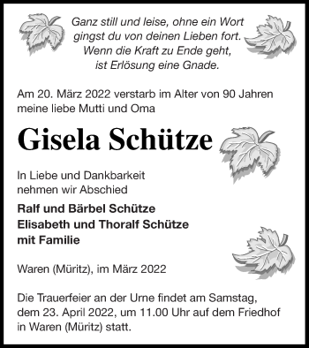 Traueranzeige von Gisela Schütze von Müritz-Zeitung