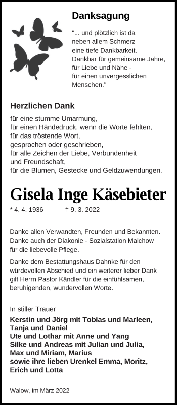 Traueranzeige von Gisela Inge Käsebieter von Müritz-Zeitung