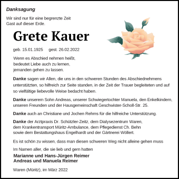 Traueranzeige von Grete Kauer von Müritz-Zeitung