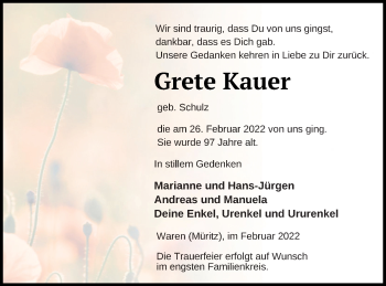 Traueranzeige von Grete Kauer von Müritz-Zeitung