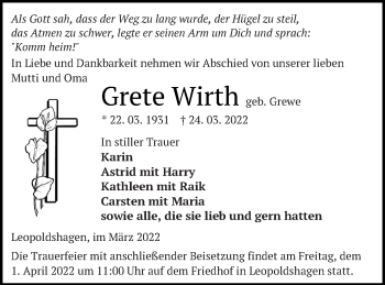 Traueranzeige von Grete Wirth von Haff-Zeitung