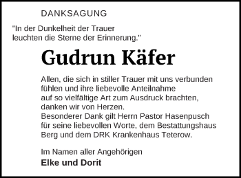 Traueranzeige von Gudrun Käfer von Mecklenburger Schweiz