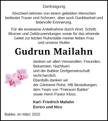 Traueranzeige von Gudrun Mailahn von Strelitzer Zeitung