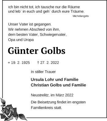 Traueranzeige von Günter Golbs von Strelitzer Zeitung