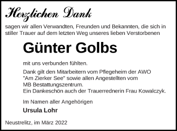 Traueranzeige von Günter Golbs von Strelitzer Zeitung